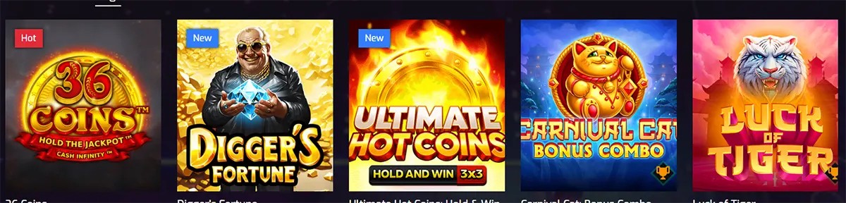 Row of online casino slot game thumbnails displayed in a dark-themed game lobby interface, featuring colorful tiles with status tags such as “Hot” and “New.” The visible slot titles include 36 Coins, Digger’s Fortune, Ultimate Hot Coins, Carnival Cat Bonus Combo, and Luck of Tiger, each illustrated with vibrant artwork and thematic characters representing different slot styles and bonus mechanics.