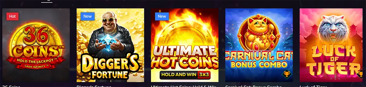 Row of online casino slot game thumbnails displayed in a dark-themed game lobby interface, featuring colorful tiles with status tags such as “Hot” and “New.” The visible slot titles include 36 Coins, Digger’s Fortune, Ultimate Hot Coins, Carnival Cat Bonus Combo, and Luck of Tiger, each illustrated with vibrant artwork and thematic characters representing different slot styles and bonus mechanics.