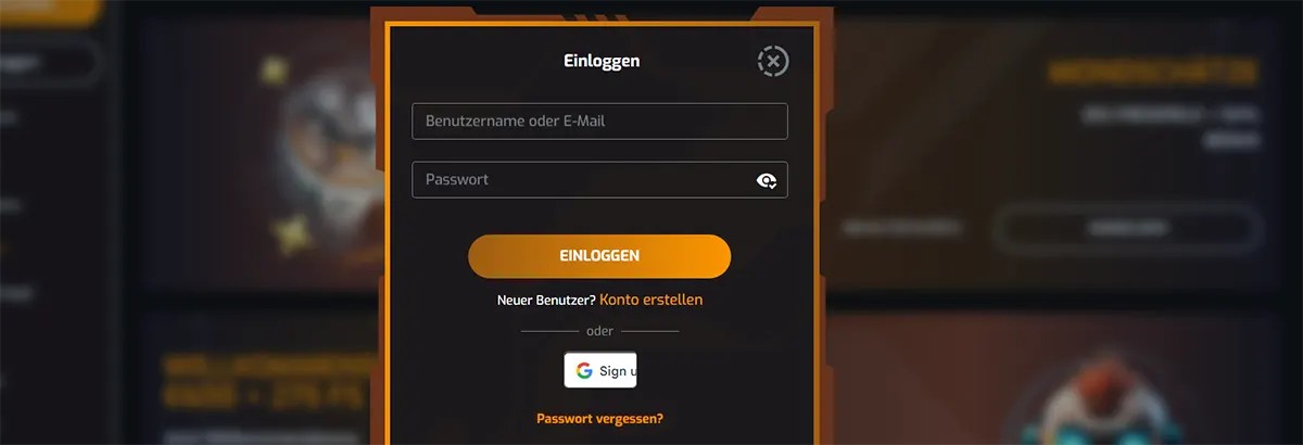 German-language casino login popup interface displayed in a dark-themed modal window with orange borders, featuring input fields for username or email (“Benutzername oder E-Mail”) and password (“Passwort”), along with a prominent “Einloggen” (Log In) button. The interface also includes a link for new users to create an account (“Konto erstellen”), an option to sign in with Google, and a “Passwort vergessen?” (Forgot password?) recovery link, shown over a blurred casino website background.