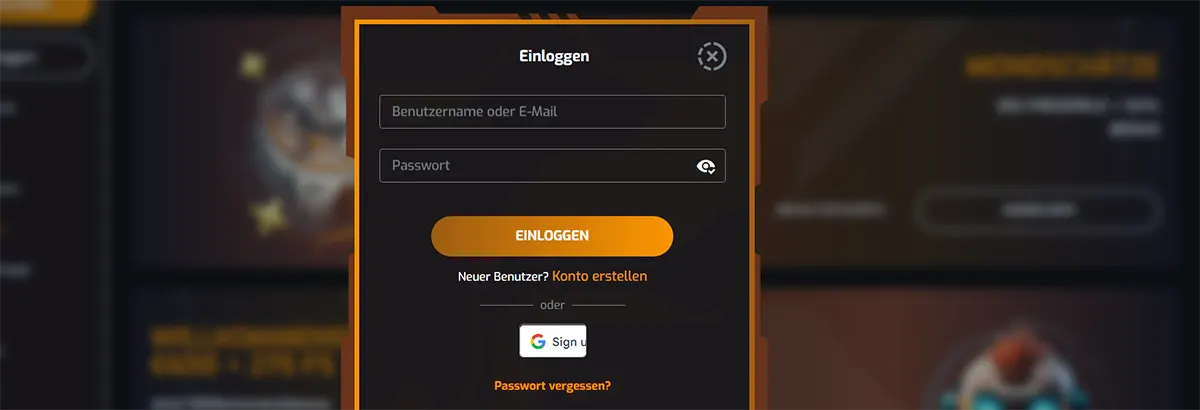 German-language casino login popup interface displayed in a dark-themed modal window with orange borders, featuring input fields for username or email (“Benutzername oder E-Mail”) and password (“Passwort”), along with a prominent “Einloggen” (Log In) button. The interface also includes a link for new users to create an account (“Konto erstellen”), an option to sign in with Google, and a “Passwort vergessen?” (Forgot password?) recovery link, shown over a blurred casino website background.